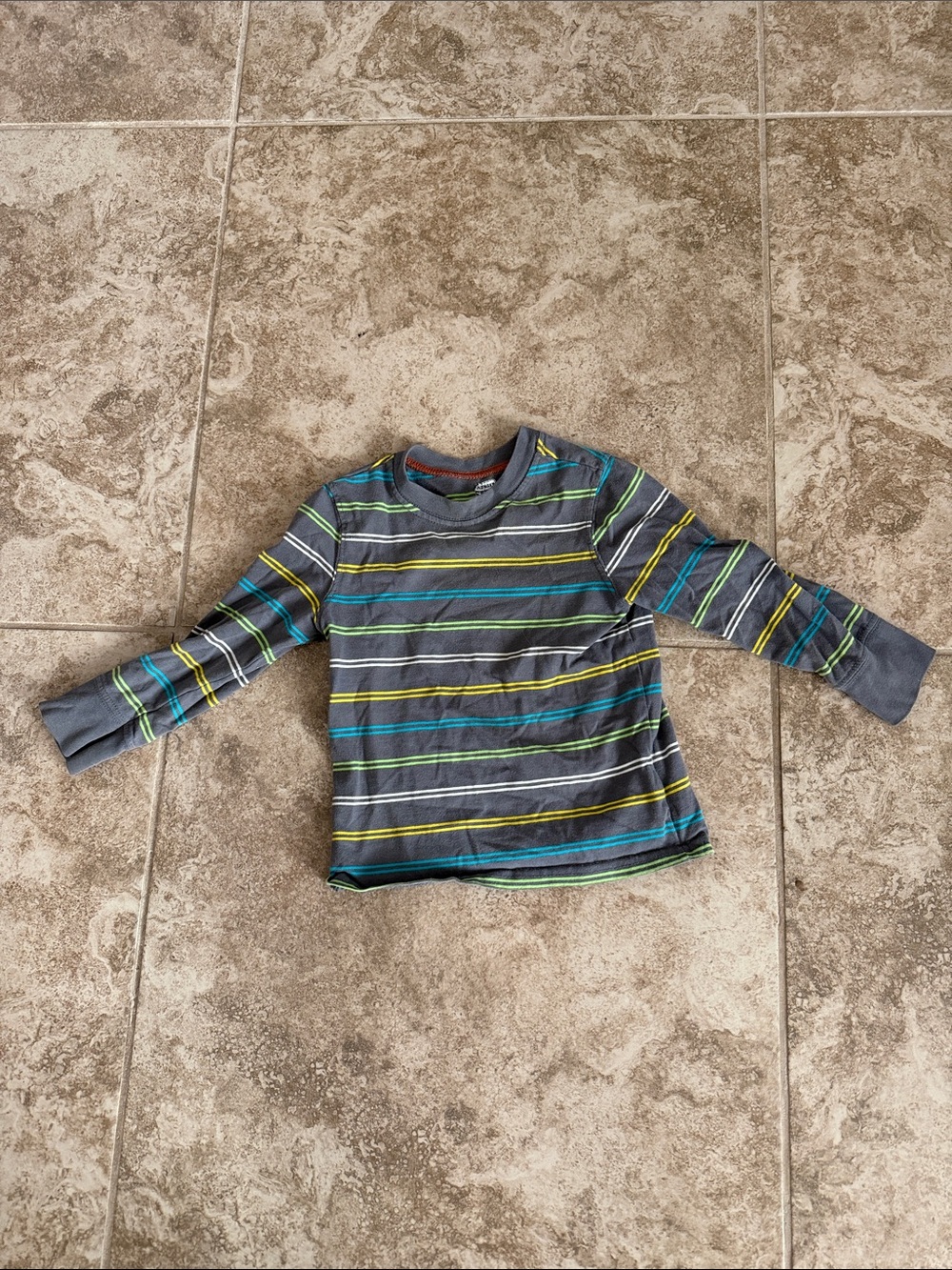 Old Navy Gray Long Sleeve Tee with Blue Green & Yellow Stripes